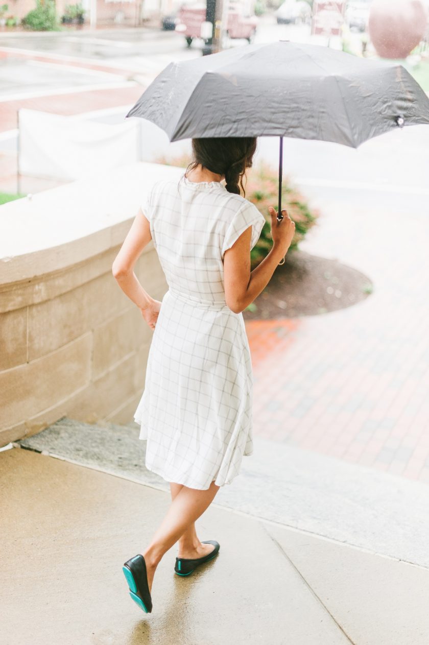 Classy wrap dress and Tiek ballet flats: perfect for adventure.